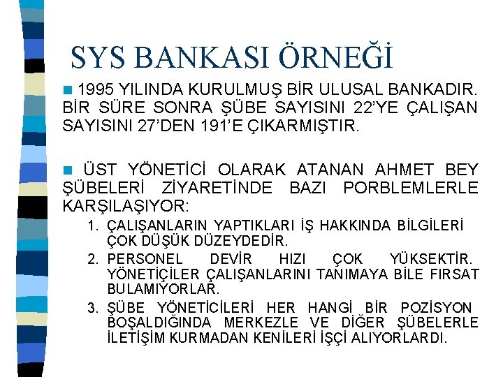 SYS BANKASI ÖRNEĞİ 1995 YILINDA KURULMUŞ BİR ULUSAL BANKADIR. BİR SÜRE SONRA ŞÜBE SAYISINI