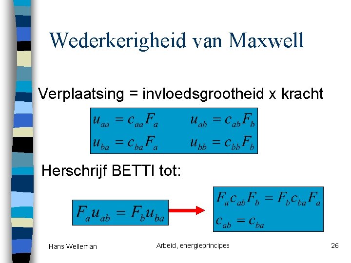 Wederkerigheid van Maxwell Verplaatsing = invloedsgrootheid x kracht Herschrijf BETTI tot: Hans Welleman Arbeid,