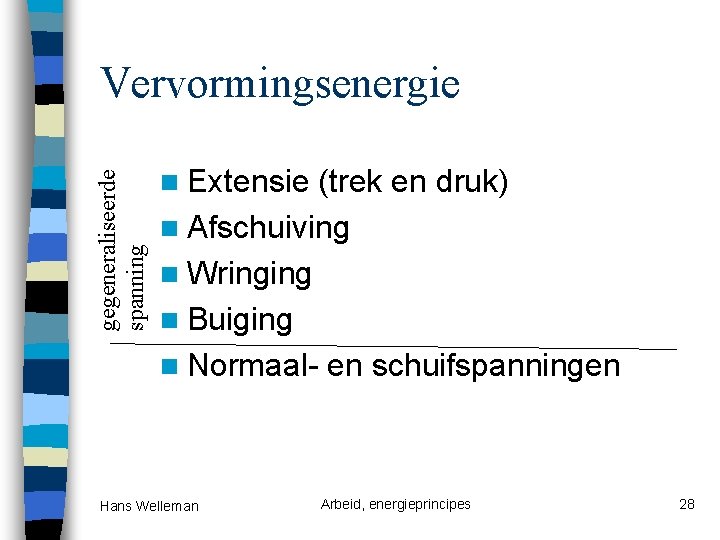 gegeneraliseerde spanning Vervormingsenergie n Extensie (trek en druk) n Afschuiving n Wringing n Buiging