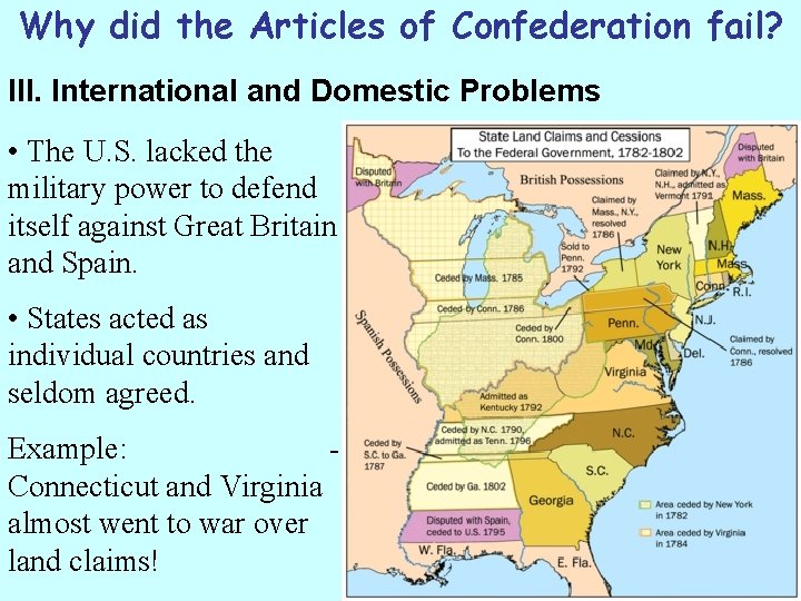 Why did the Articles of Confederation fail? III. International and Domestic Problems • The
