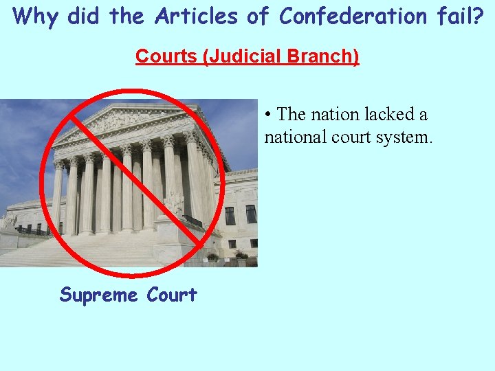 Why did the Articles of Confederation fail? Courts (Judicial Branch) • The nation lacked