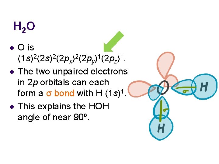 H 2 O l l l O is (1 s)2(2 px)2(2 py)1(2 pz)1. The H 2 O l l l O is (1 s)2(2 px)2(2 py)1(2 pz)1. The