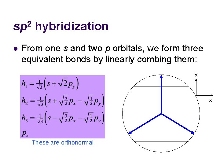 sp 2 hybridization l From one s and two p orbitals, we form three sp 2 hybridization l From one s and two p orbitals, we form three