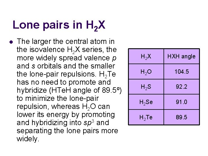 Lone pairs in H 2 X l The larger the central atom in the