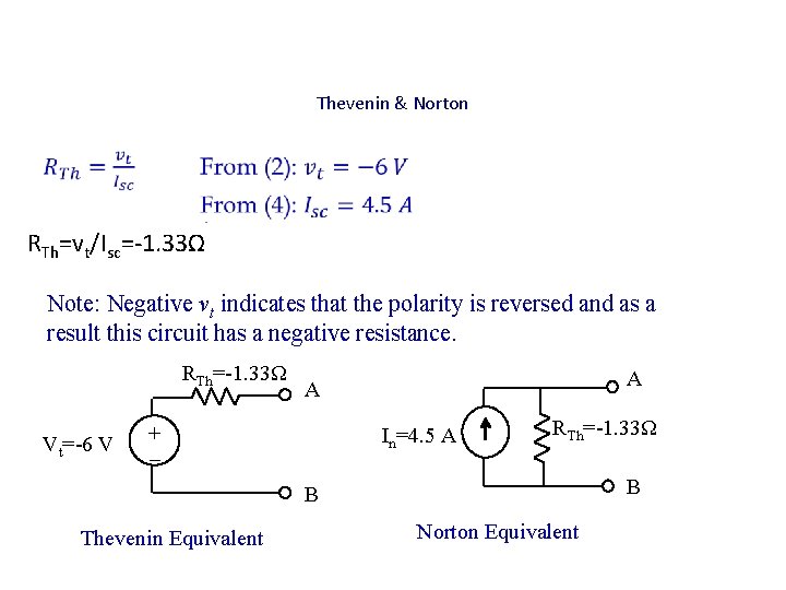 Thevenin & Norton RTh=vt/Isc=-1. 33Ω Note: Negative vt indicates that the polarity is reversed