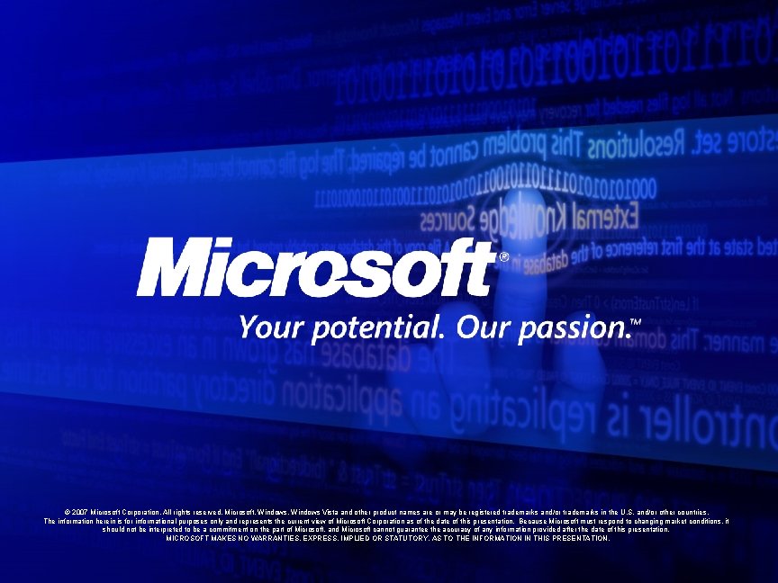 © 2007 Microsoft Corporation. All rights reserved. Microsoft, Windows Vista and other product names