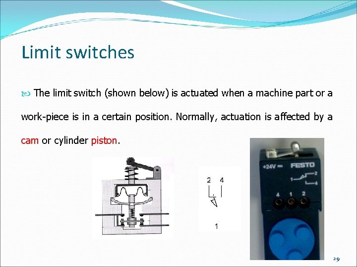 Limit switches The limit switch (shown below) is actuated when a machine part or Limit switches The limit switch (shown below) is actuated when a machine part or