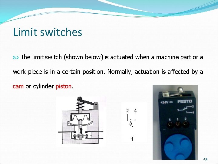 Limit switches The limit switch (shown below) is actuated when a machine part or