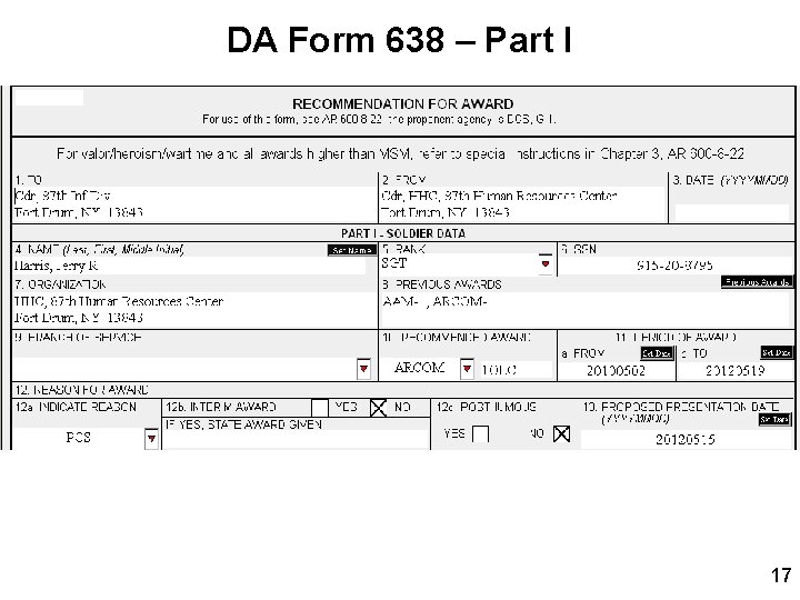 DA Form 638 – Part I 17 