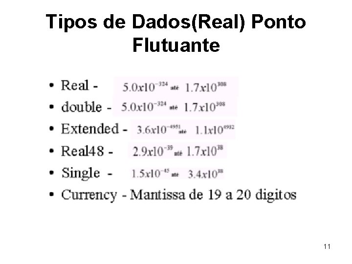 Tipos de Dados(Real) Ponto Flutuante 11 