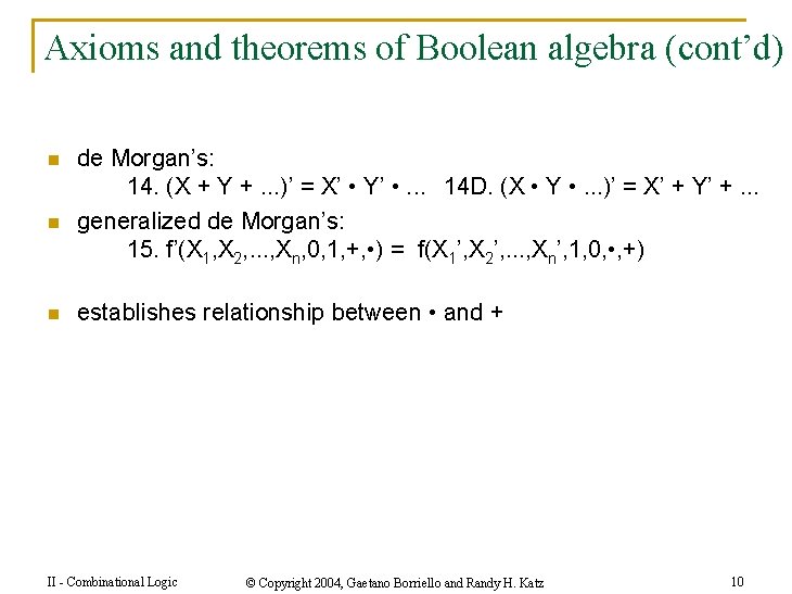 Axioms and theorems of Boolean algebra (cont’d) n n n de Morgan’s: 14. (X