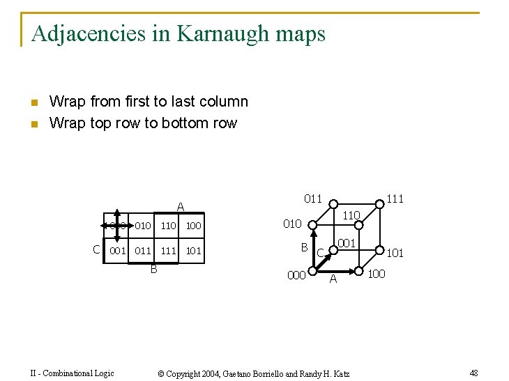 Adjacencies in Karnaugh maps n n Wrap from first to last column Wrap top