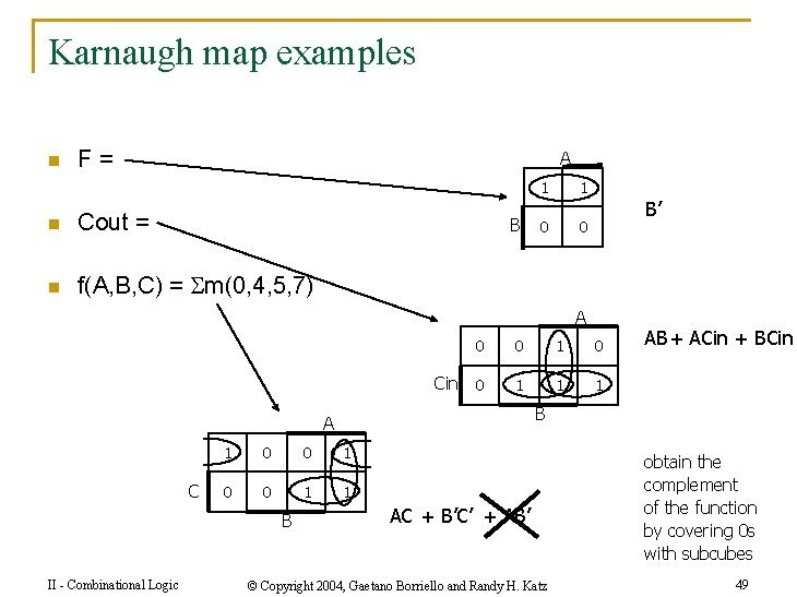 Karnaugh map examples n F= A 1 n Cout = n f(A, B, C)