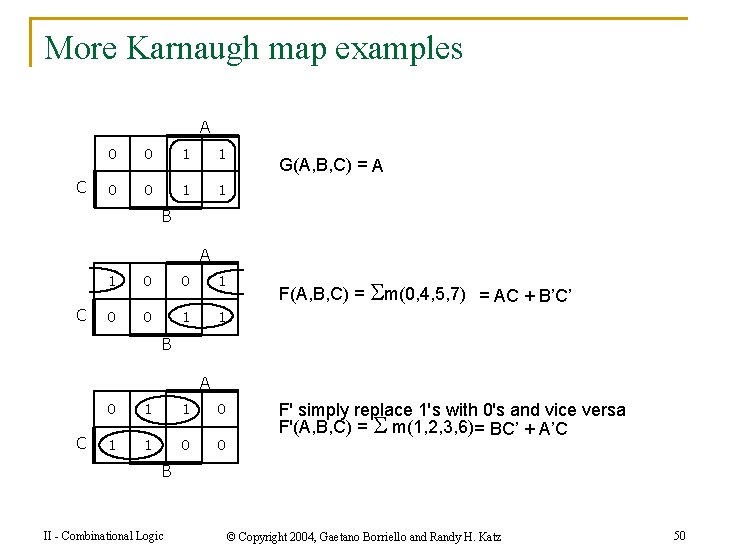 More Karnaugh map examples A C 0 0 1 1 G(A, B, C) =