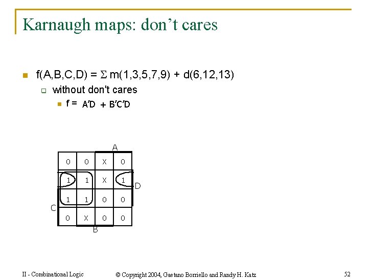 Karnaugh maps: don’t cares n f(A, B, C, D) = m(1, 3, 5, 7,
