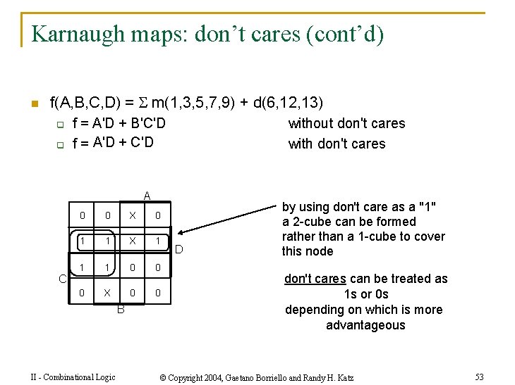 Karnaugh maps: don’t cares (cont’d) n f(A, B, C, D) = m(1, 3, 5,