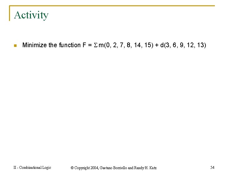 Activity n Minimize the function F = m(0, 2, 7, 8, 14, 15) +