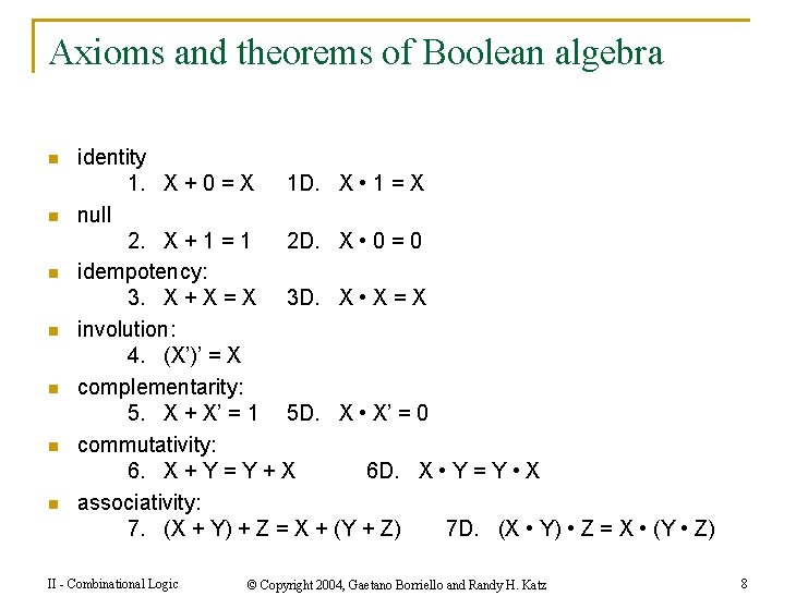 Axioms and theorems of Boolean algebra n n n n identity 1. X +