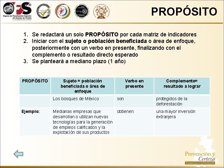 PROPÓSITO 1. Se redactará un solo PROPÓSITO por cada matriz de indicadores 2. Iniciar