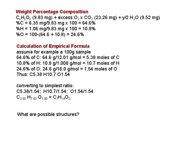 Weight Percentage Composition Cx. Hy. Oz (9. 83 mg) + excess O 2 x