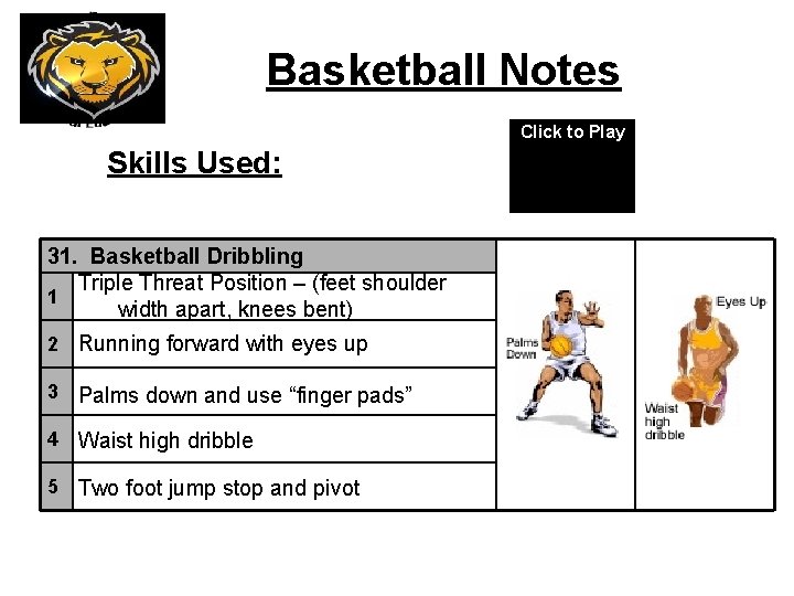 Basketball Notes Click to Play Skills Used: 31. Basketball Dribbling Triple Threat Position –