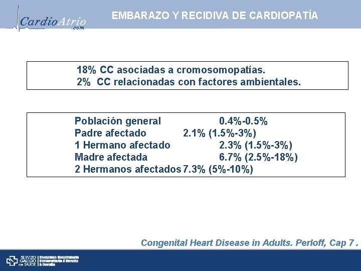 EMBARAZO Y RECIDIVA DE CARDIOPATÍA 18% CC asociadas a cromosomopatías. 2% CC relacionadas con