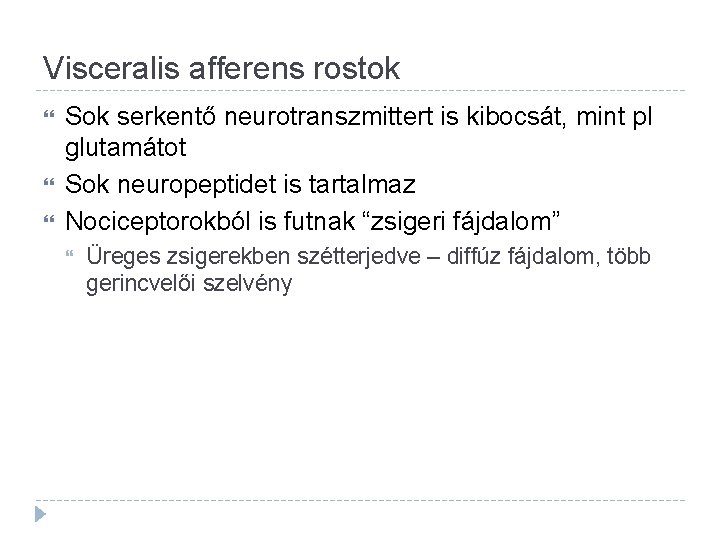 Visceralis afferens rostok Sok serkentő neurotranszmittert is kibocsát, mint pl glutamátot Sok neuropeptidet is