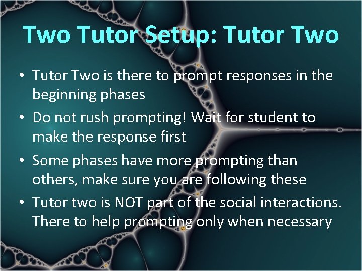 Two Tutor Setup: Tutor Two • Tutor Two is there to prompt responses in
