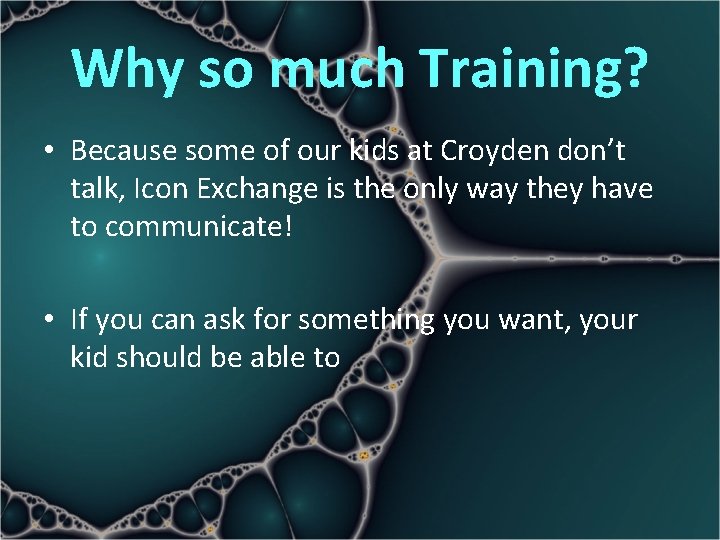 Why so much Training? • Because some of our kids at Croyden don’t talk,