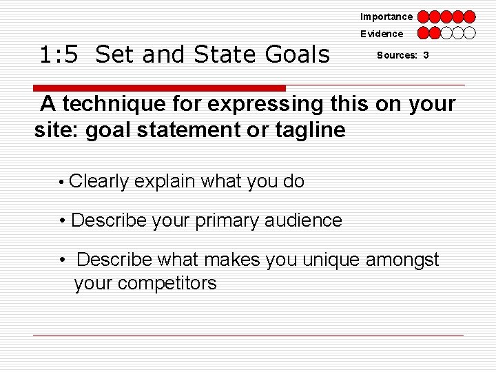 Importance 1: 5 Set and State Goals Evidence Sources: 3 A technique for expressing