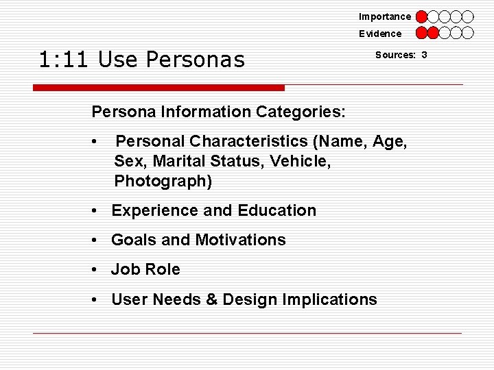 Importance Evidence 1: 11 Use Personas Sources: 3 Persona Information Categories: • Personal Characteristics