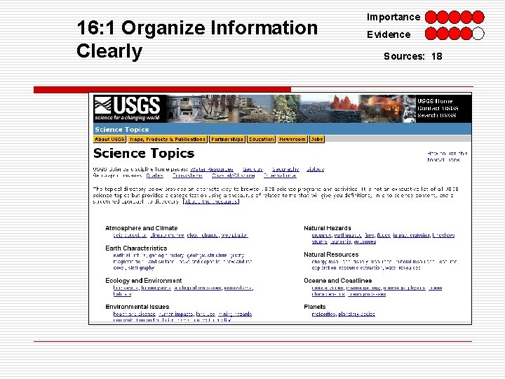 16: 1 Organize Information Clearly Importance Evidence Sources: 18 