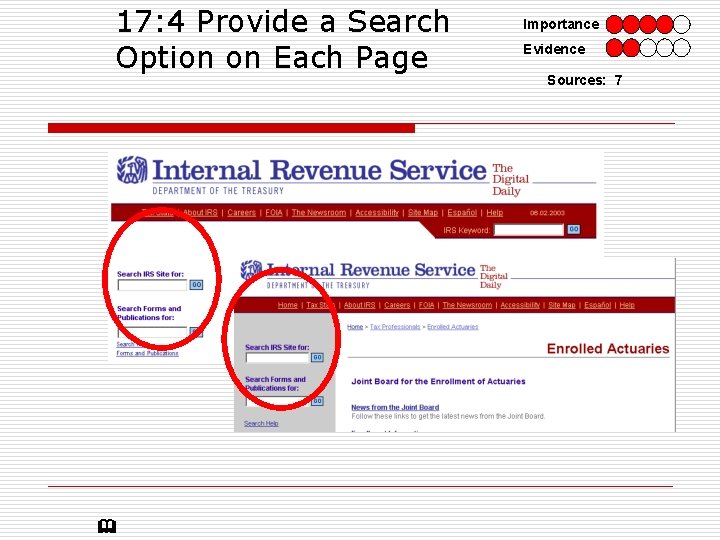 17: 4 Provide a Search Option on Each Page Importance Evidence Sources: 7 