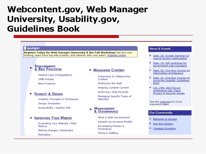 Webcontent. gov, Web Manager University, Usability. gov, Guidelines Book 