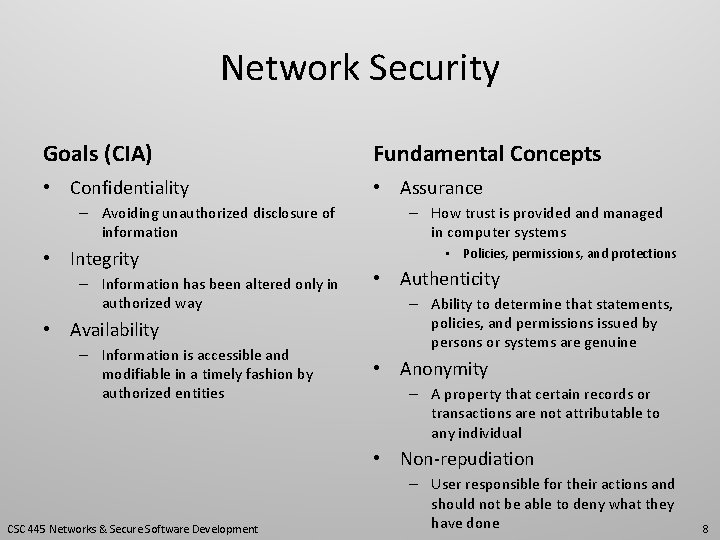 Network Security Goals (CIA) Fundamental Concepts • Confidentiality • Assurance – Avoiding unauthorized disclosure