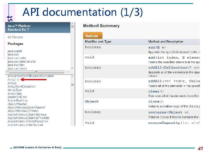 4. Array. List API documentation (1/3) [CS 1020 Lecture 4: Collection of Data] 41