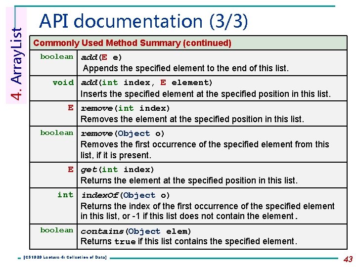 4. Array. List API documentation (3/3) Commonly Used Method Summary (continued) boolean add(E e) 4. Array. List API documentation (3/3) Commonly Used Method Summary (continued) boolean add(E e)