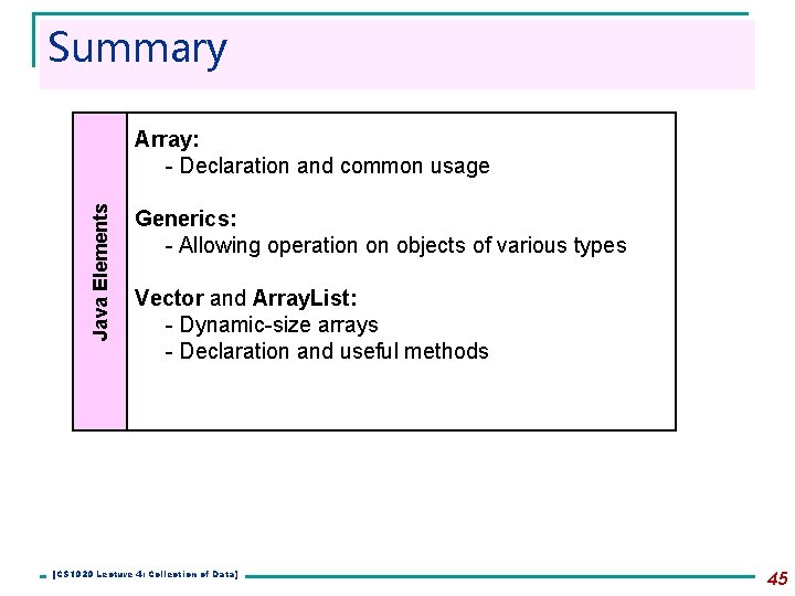 Summary Java Elements Array: - Declaration and common usage Generics: - Allowing operation on Summary Java Elements Array: - Declaration and common usage Generics: - Allowing operation on