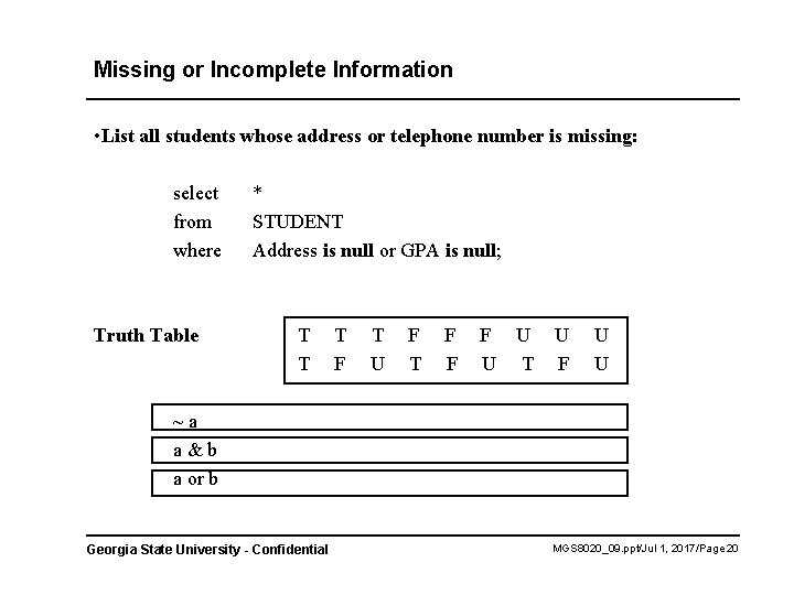 Missing or Incomplete Information • List all students whose address or telephone number is