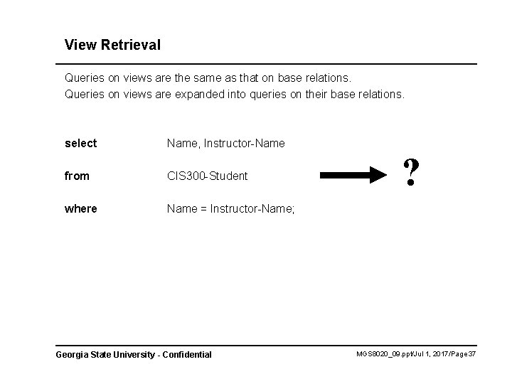 View Retrieval Queries on views are the same as that on base relations. Queries