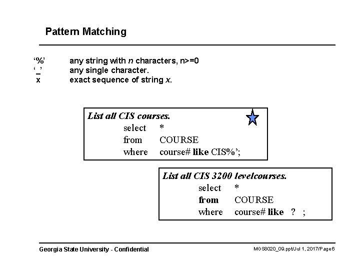 Pattern Matching ‘%’ ‘_’ x any string with n characters, n>=0 any single character.