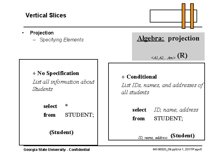 Vertical Slices • Projection – Specifying Elements Algebra: projection <A 1, A 2, .