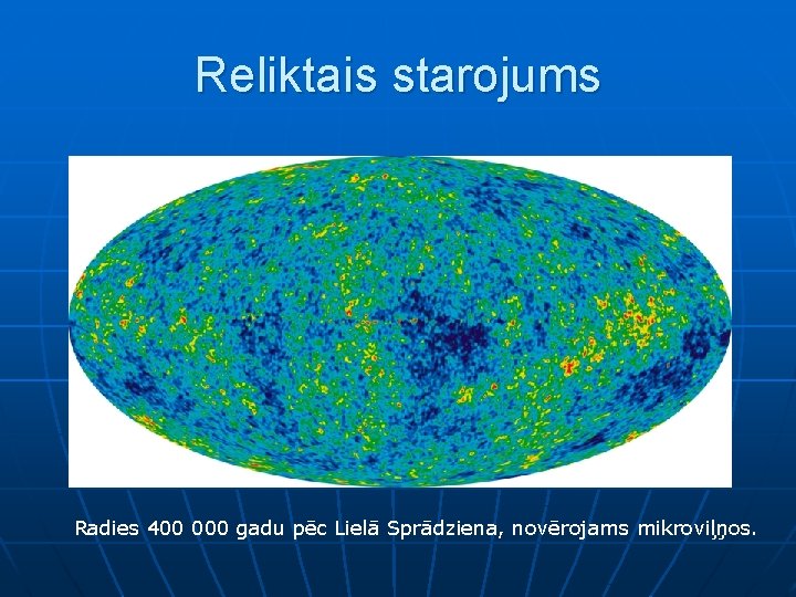 Reliktais starojums Radies 400 000 gadu pēc Lielā Sprādziena, novērojams mikroviļņos. 