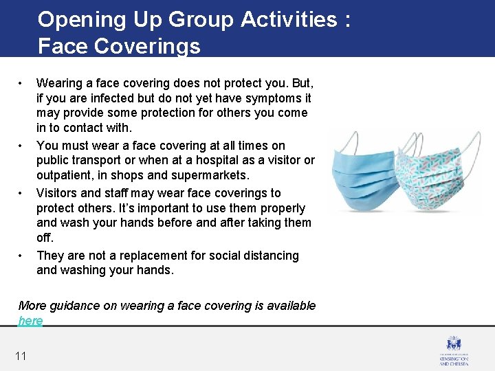 Opening Up Group Activities : Face Coverings • • Wearing a face covering does