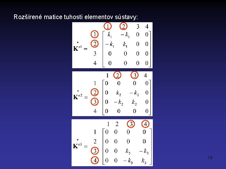 Rozšírené matice tuhosti elementov sústavy: 19 