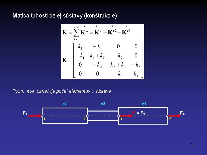 Matica tuhosti celej sústavy (konštrukcie): Pozn. noe označuje počet elementov v sústave 20 