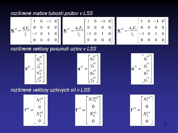 rozšírené matice tuhosti prútov v LSS rozšírené vektory posunutí uzlov v LSS rozšírené vektory