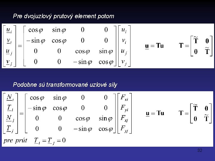 Pre dvojuzlový prutový element potom Podobne sú transformované uzlové sily 32 