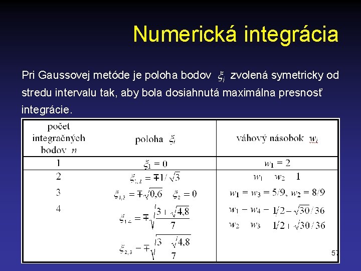 Numerická integrácia Pri Gaussovej metóde je poloha bodov i zvolená symetricky od stredu intervalu