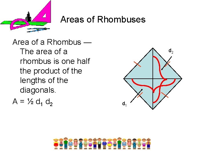 Areas of Rhombuses Area of a Rhombus — The area of a rhombus is